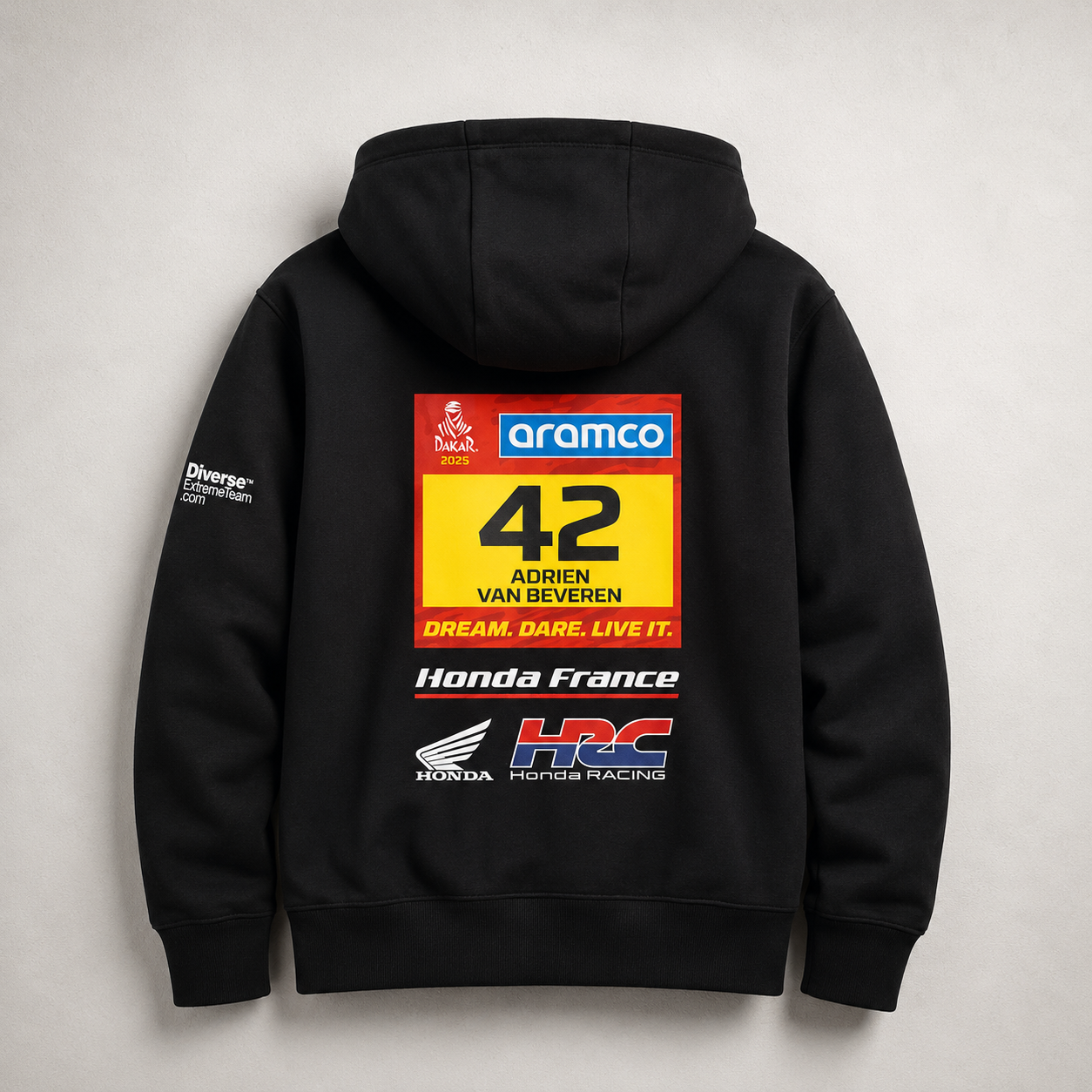 Dos du Hoodie Zippé Dakar Legend Noir VBA442 avec numéro 42 Adrien Van Beveren et logos Honda HRC