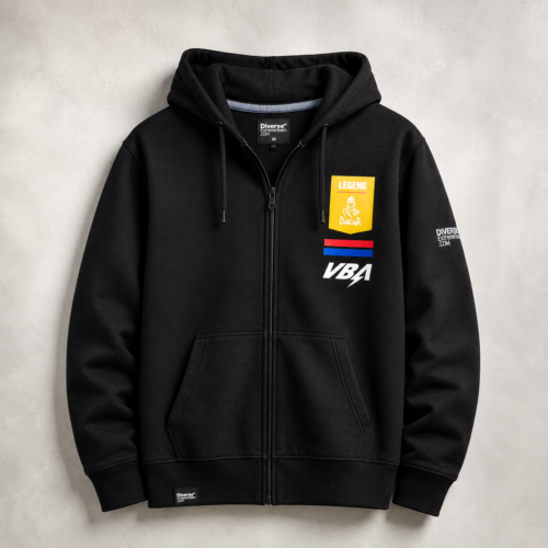 Hoodie zippé noir Dakar Legend VBA442 avec écusson Legend Dakar et logo VBA sur la poitrine