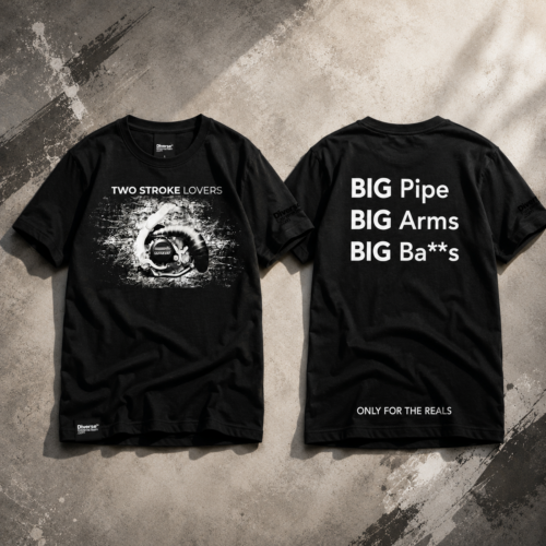 Vue avant et arrière du T-shirt T500 Noir Two Stroke Lovers VBA442 avec imprimés exclusifs inspirés de l'univers du deux temps