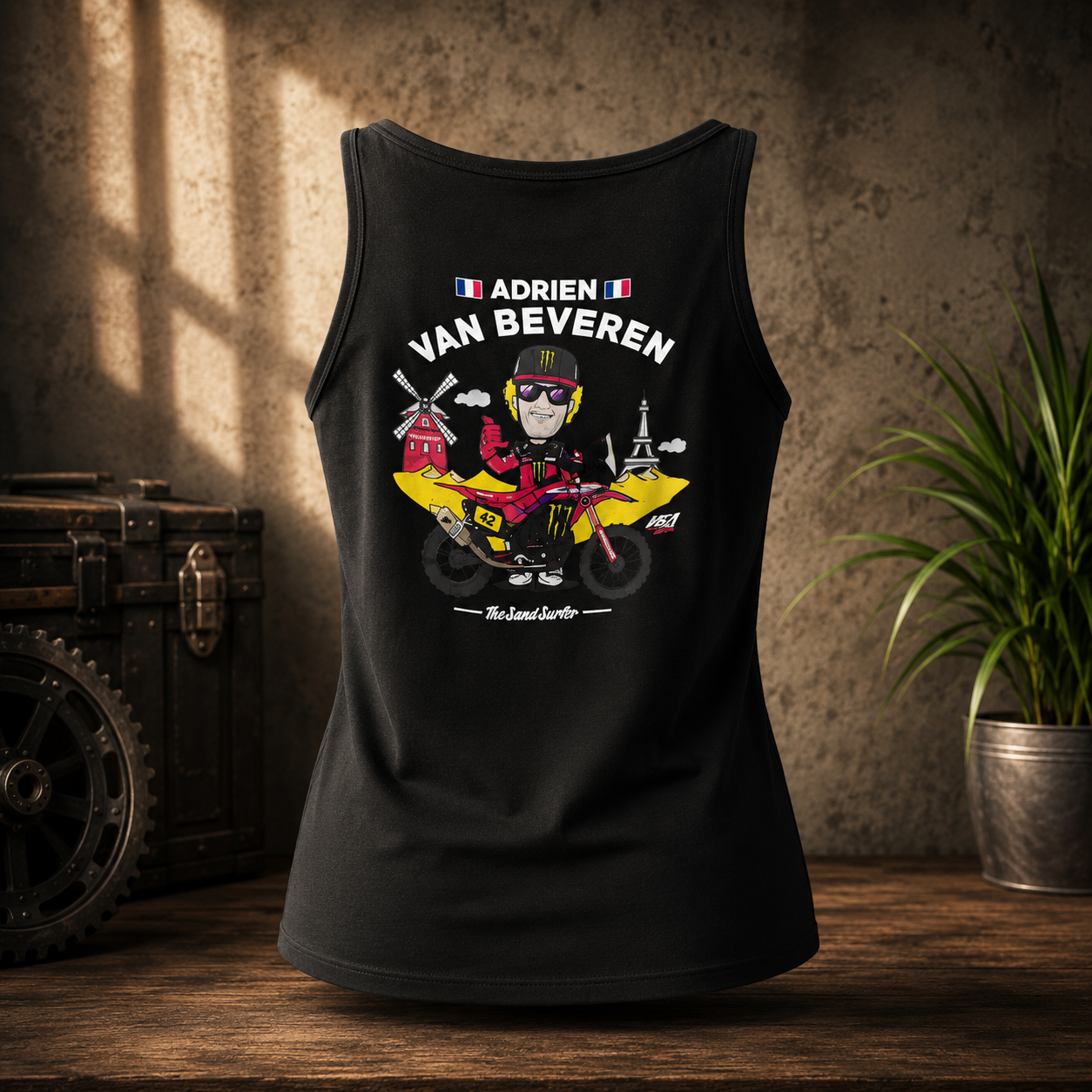 Dos du débardeur femme noir VBA442 avec illustration Adrien Van Beveren et moto de rallye