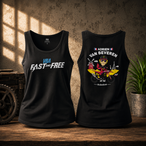 Vue avant et arrière du débardeur femme noir Fast and Free VBA442 avec logo et illustration Adrien Van Beveren